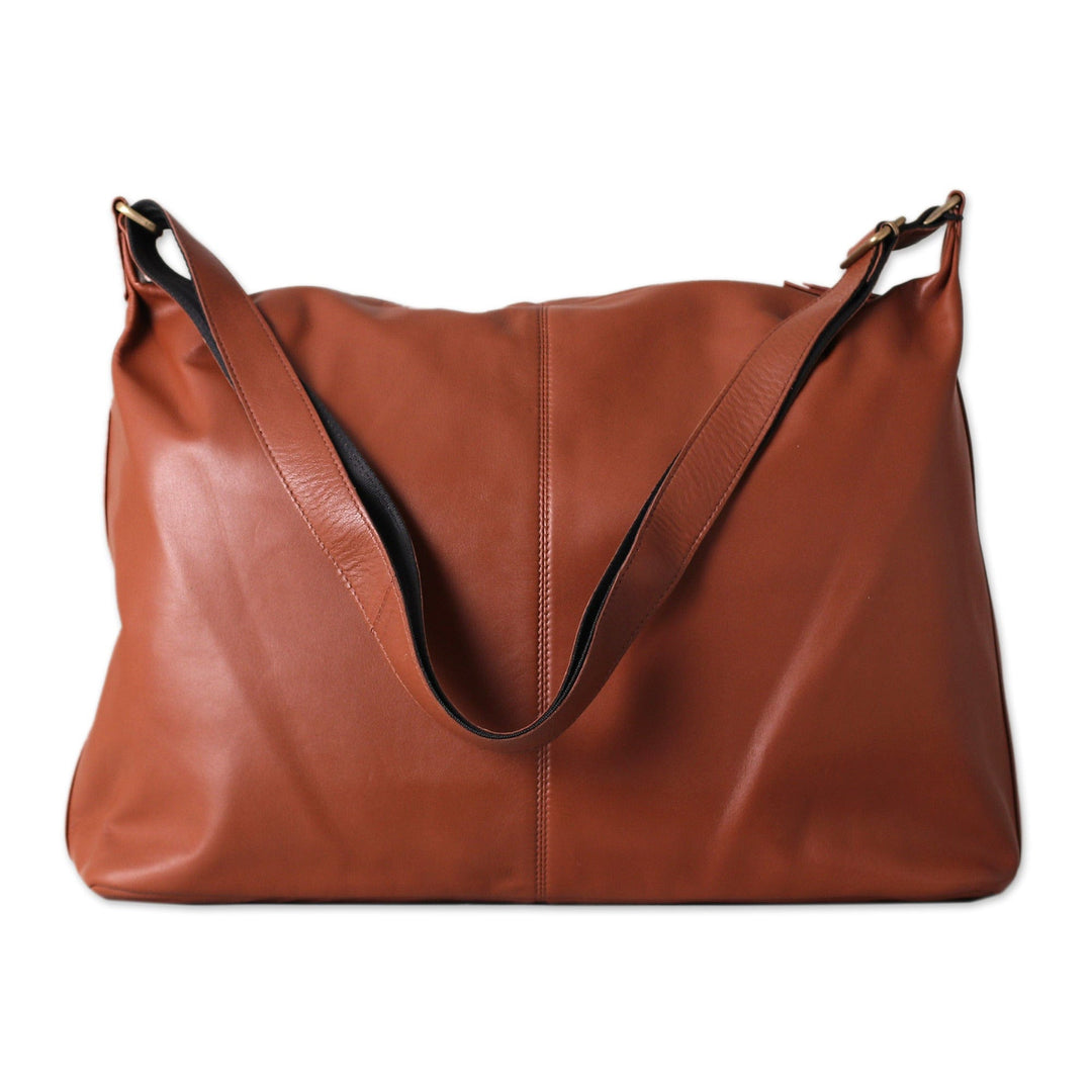 100% Chocolate Leather Zippered Adjustable Shoulder Bag - Chocolate Gracefulness
