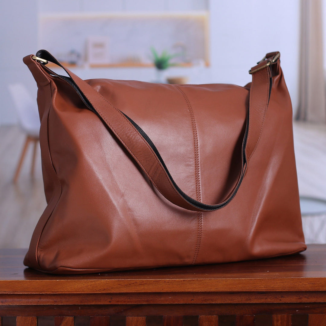 100% Chocolate Leather Zippered Adjustable Shoulder Bag - Chocolate Gracefulness