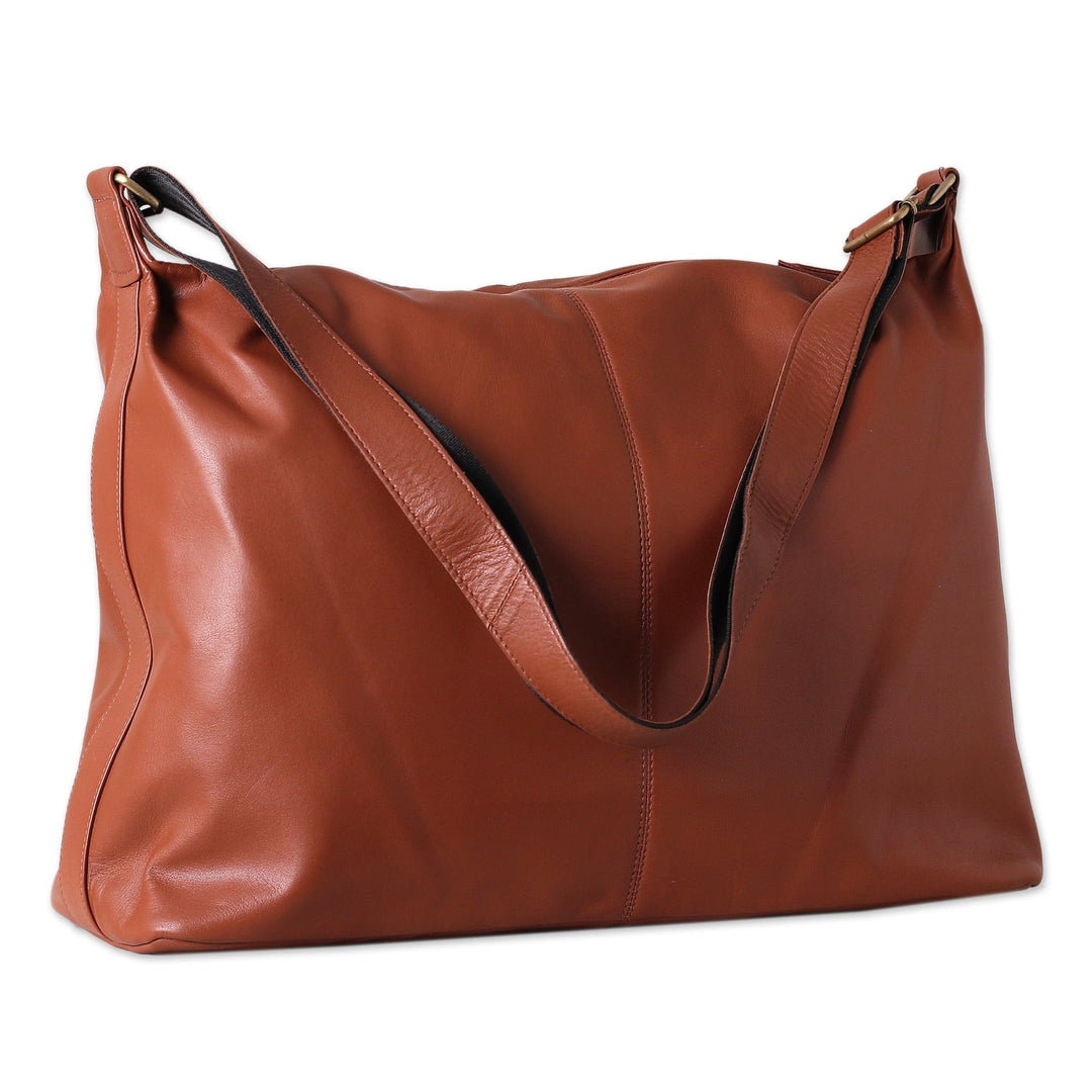 100% Chocolate Leather Zippered Adjustable Shoulder Bag - Chocolate Gracefulness