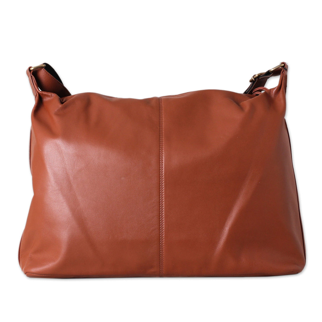 100% Chocolate Leather Zippered Adjustable Shoulder Bag - Chocolate Gracefulness