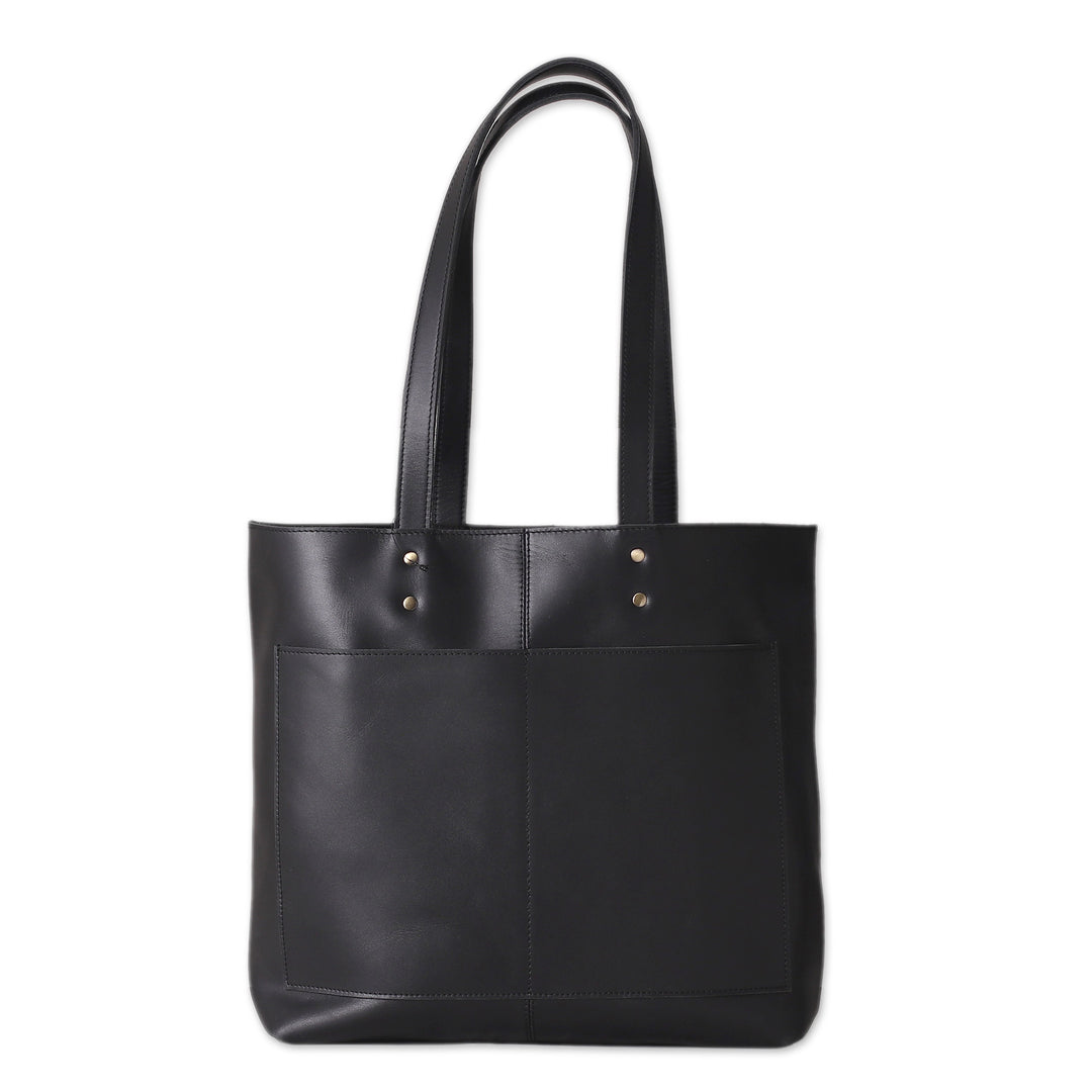 Handcrafted 100% Leather Open-Top Tote Bag in Black - Practical Night