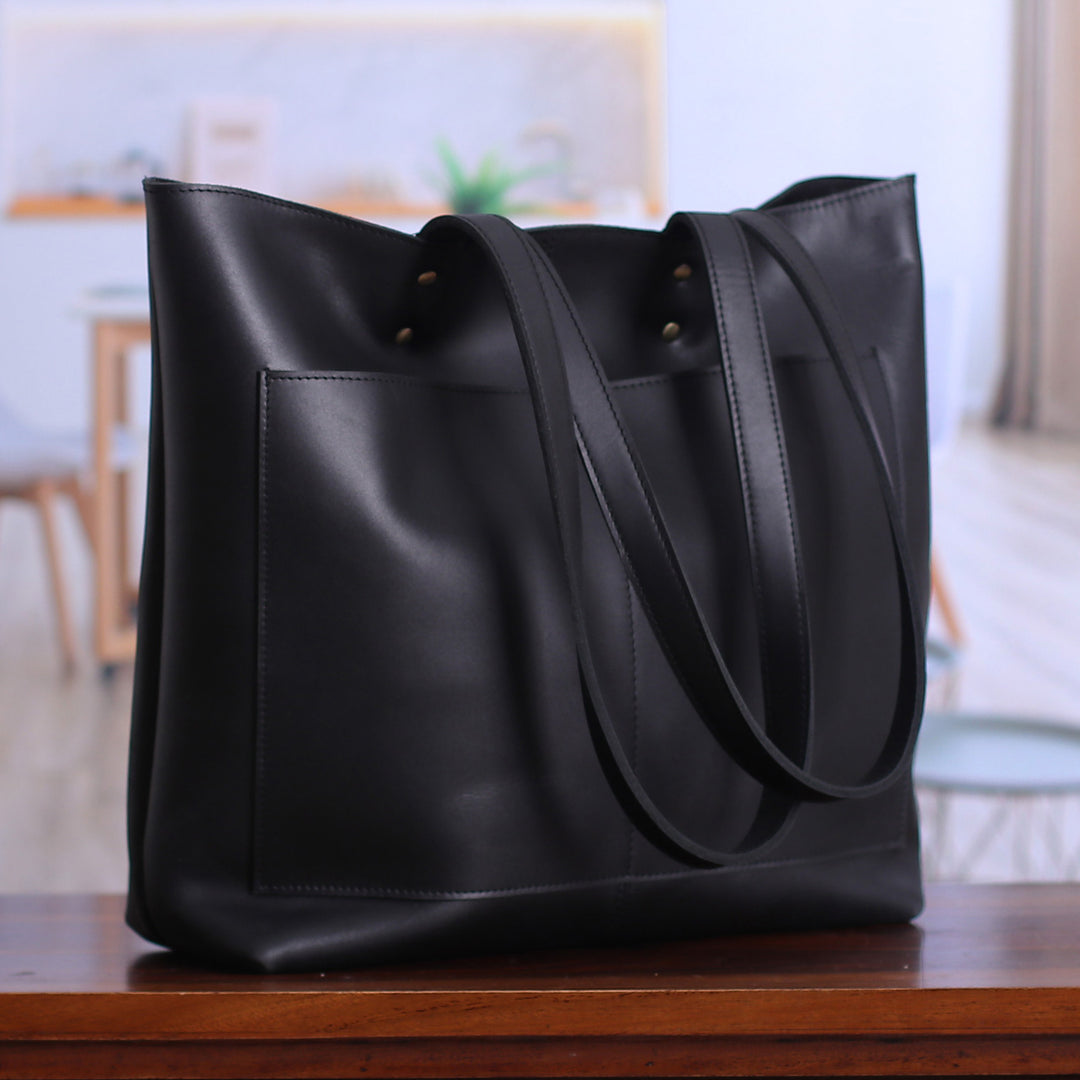 Handcrafted 100% Leather Open-Top Tote Bag in Black - Practical Night