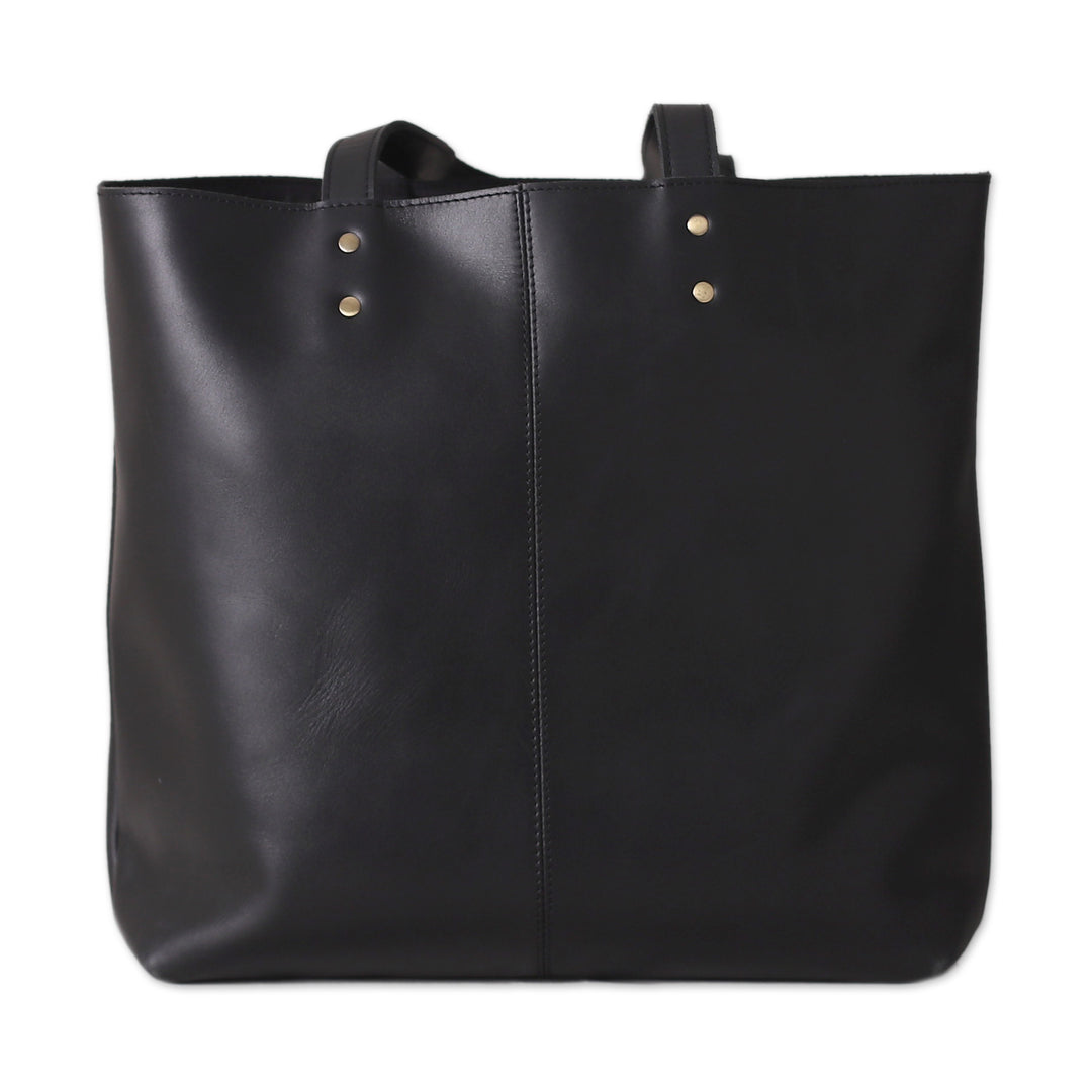 Handcrafted 100% Leather Open-Top Tote Bag in Black - Practical Night