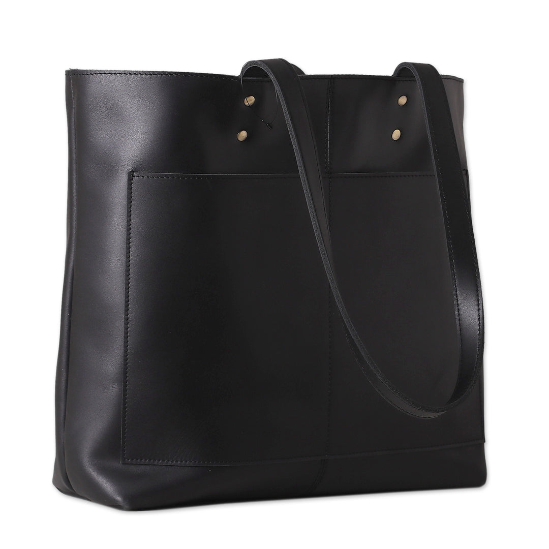 Handcrafted 100% Leather Open-Top Tote Bag in Black - Practical Night