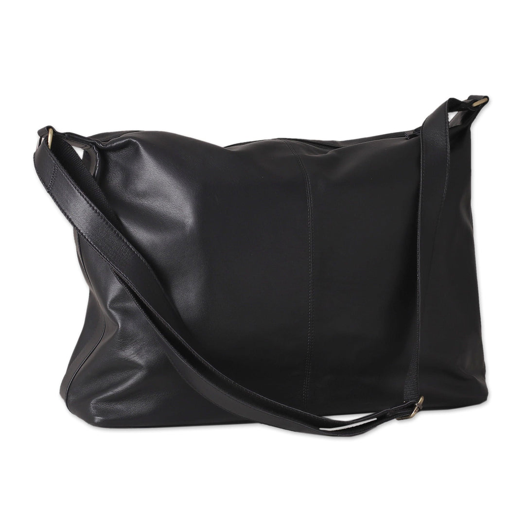 100% Ebony Leather Zippered Adjustable Shoulder Bag - Ebony Gracefulness