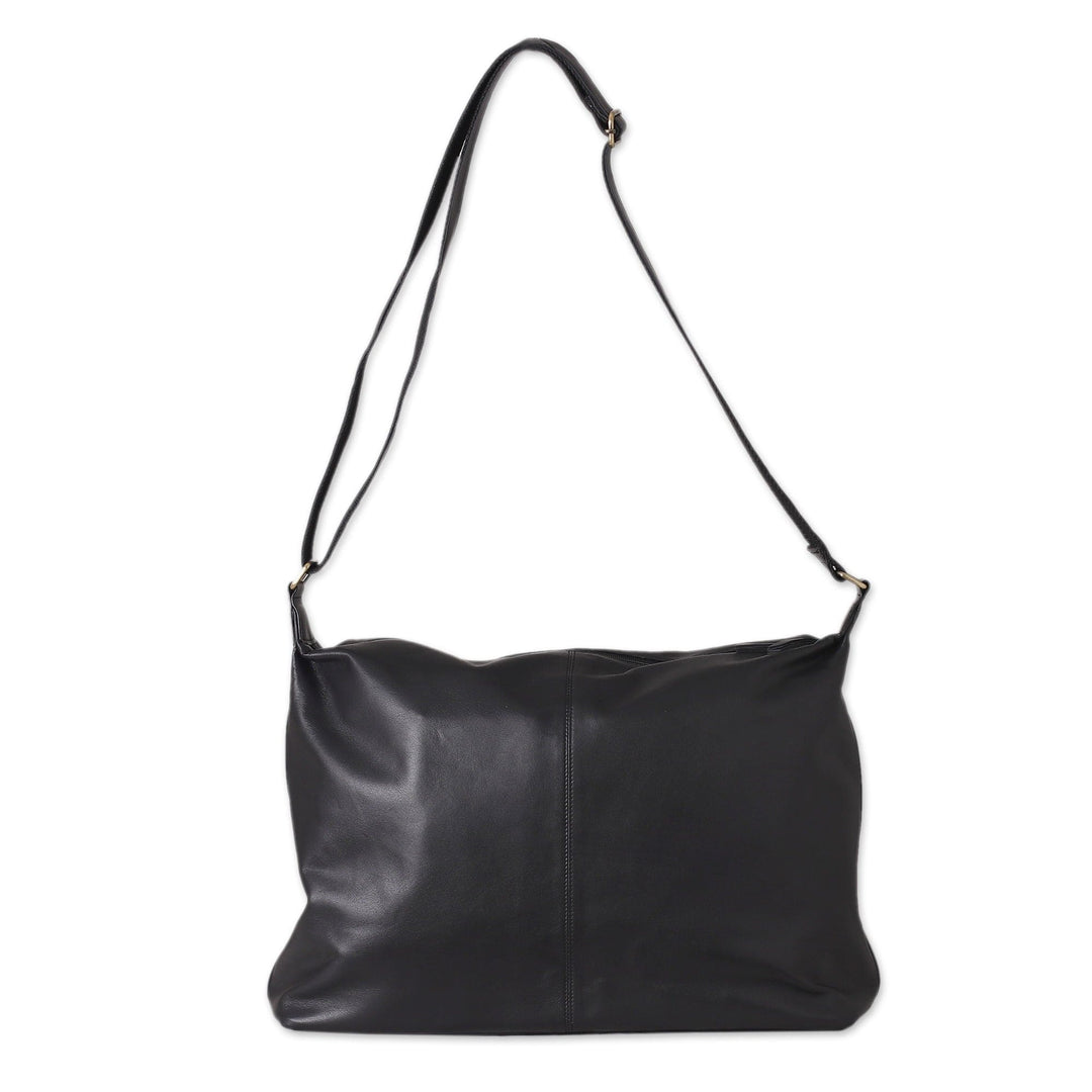 100% Ebony Leather Zippered Adjustable Shoulder Bag - Ebony Gracefulness