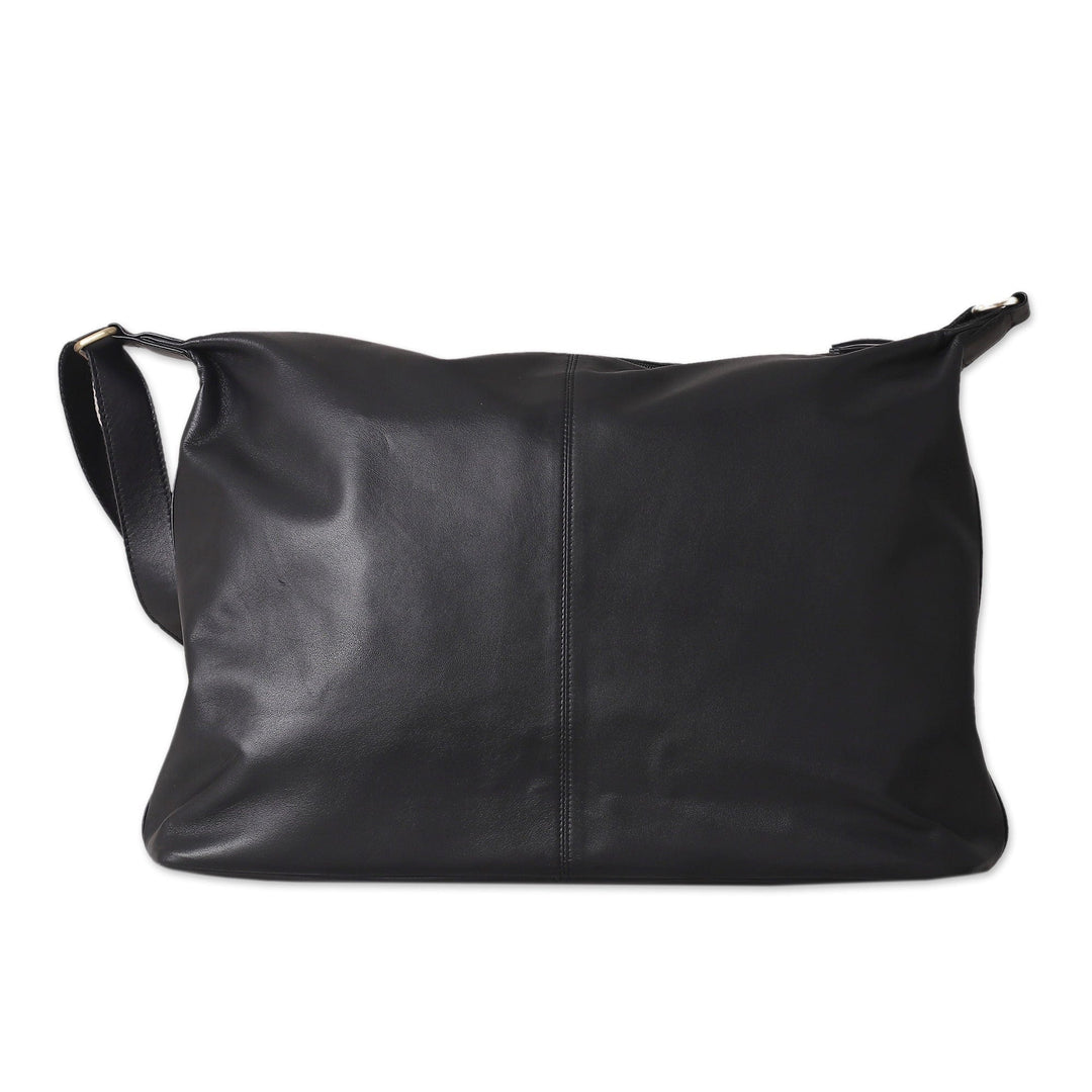 100% Ebony Leather Zippered Adjustable Shoulder Bag - Ebony Gracefulness
