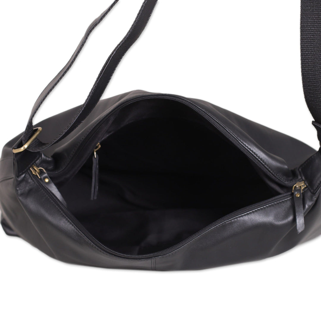 100% Ebony Leather Zippered Adjustable Shoulder Bag - Ebony Gracefulness