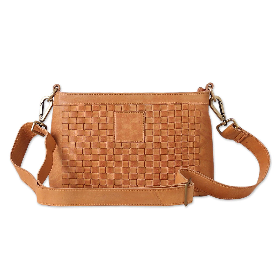 Basketweave-Patterned Caramel Leather Adjustable Sling Bag - Caramel Lifestyle