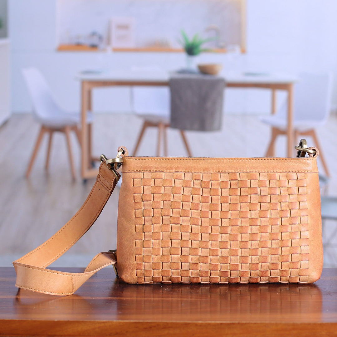 Basketweave-Patterned Caramel Leather Adjustable Sling Bag - Caramel Lifestyle