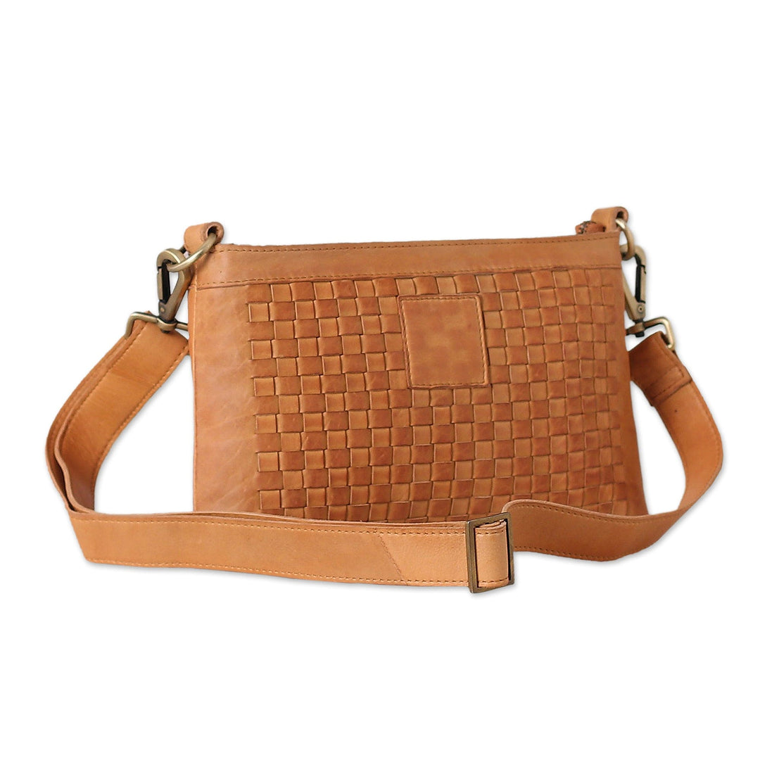 Basketweave-Patterned Caramel Leather Adjustable Sling Bag - Caramel Lifestyle