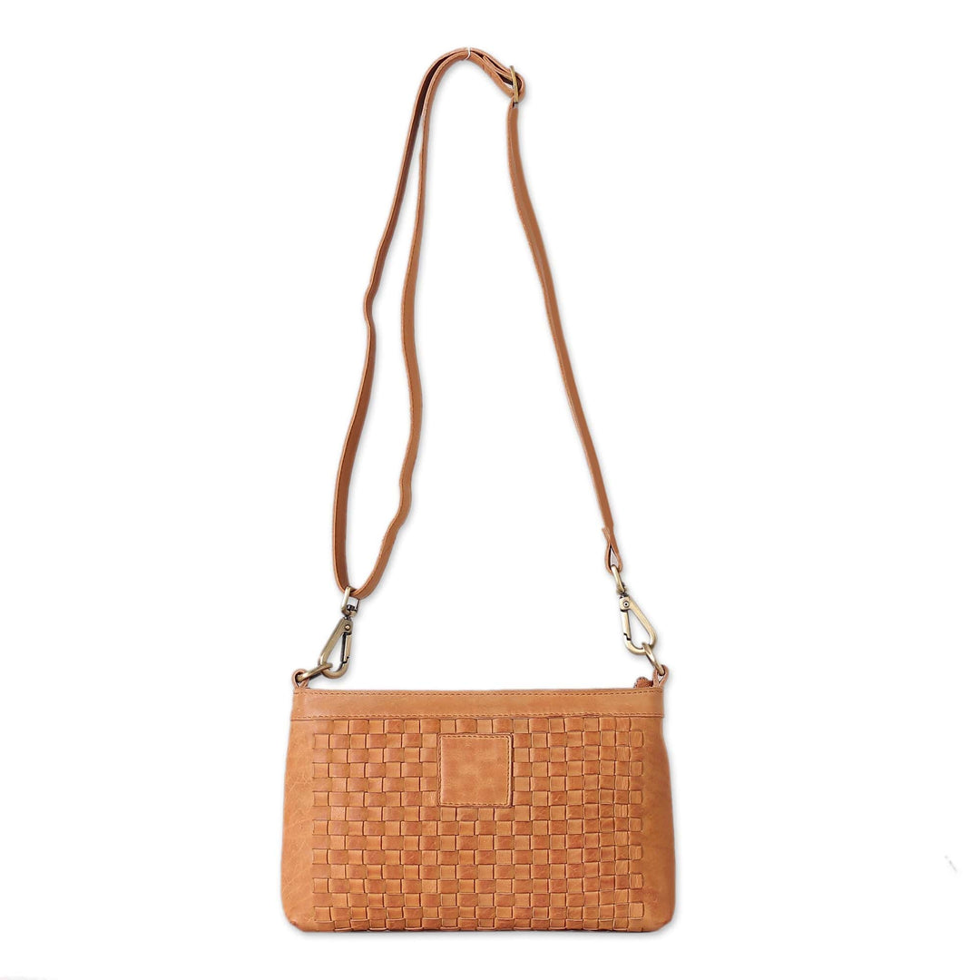 Basketweave-Patterned Caramel Leather Adjustable Sling Bag - Caramel Lifestyle