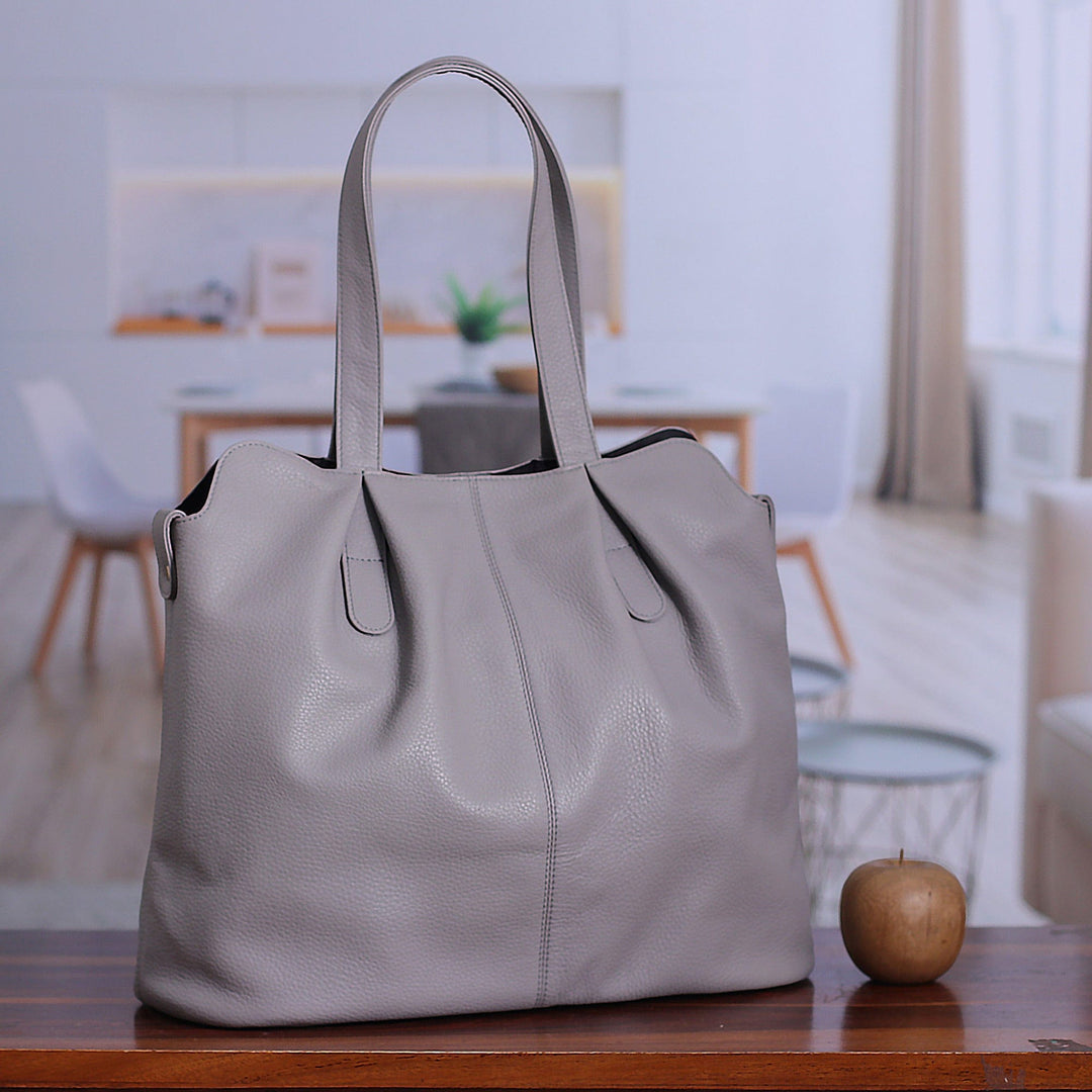 100% Stone Leather Shoulder Bag with Magnetic Closure - Stone Statement