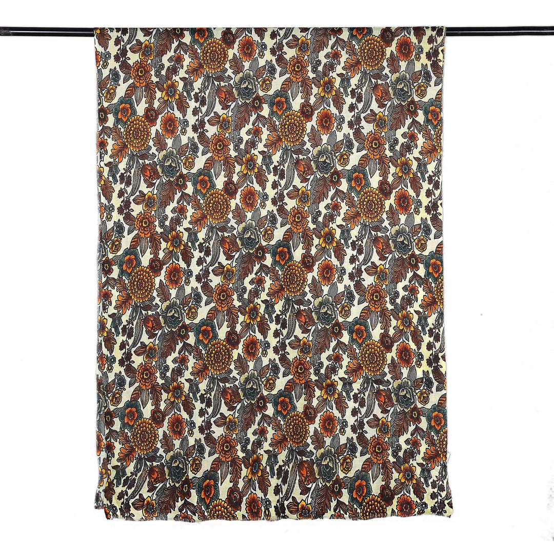 Floral Printed Yellow and Orange Wool and Silk Blend Shawl - Spring Dream