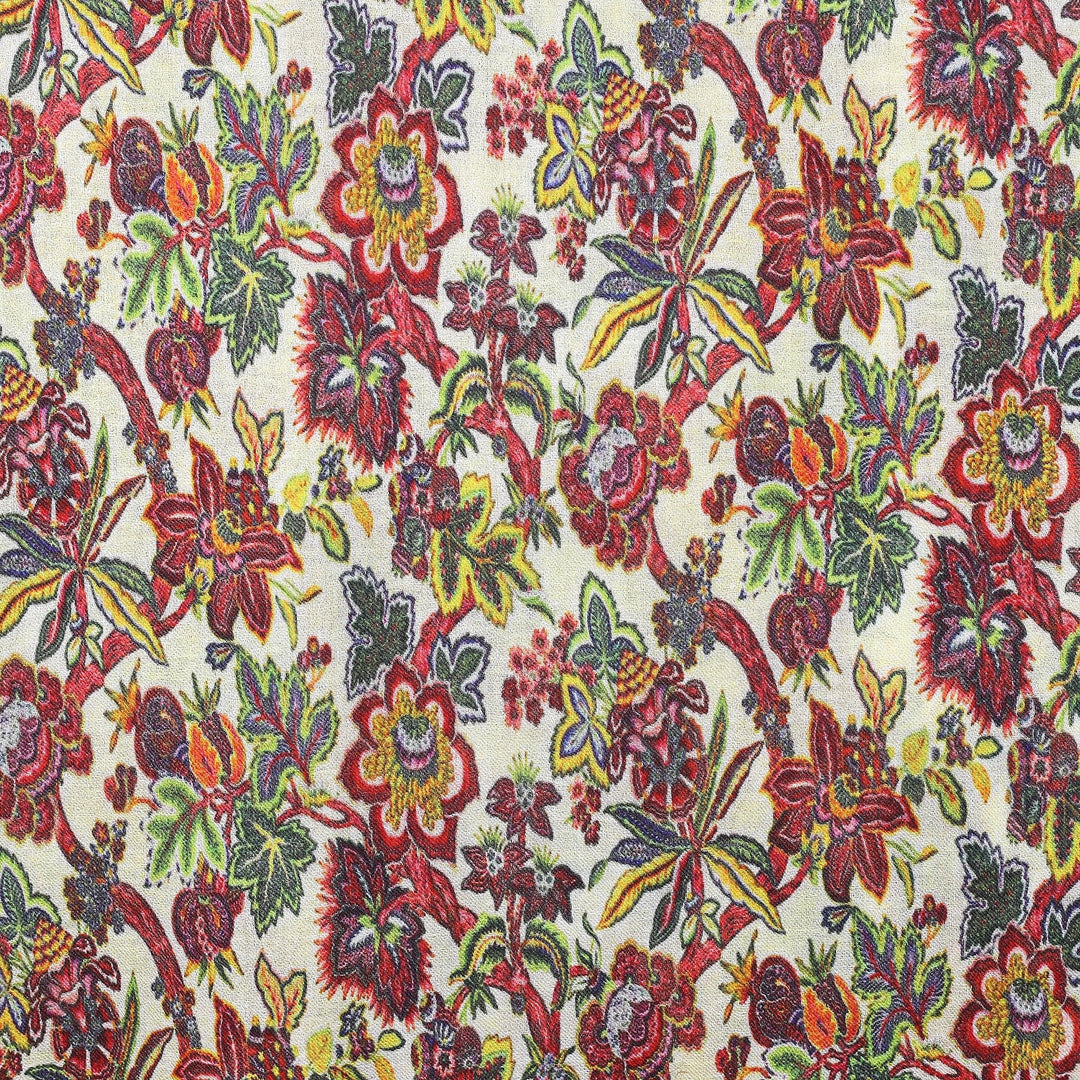 Floral Printed Red and Yellow Wool and Silk Blend Shawl - Spring Joy