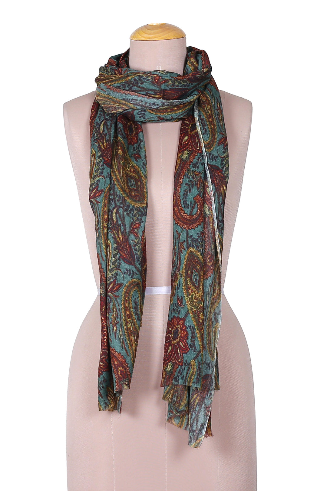 Paisley-Patterned Jade Wool and Silk Blend Shawl from India - Paisley Serenity