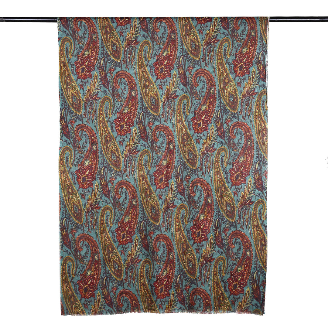 Paisley-Patterned Jade Wool and Silk Blend Shawl from India - Paisley Serenity