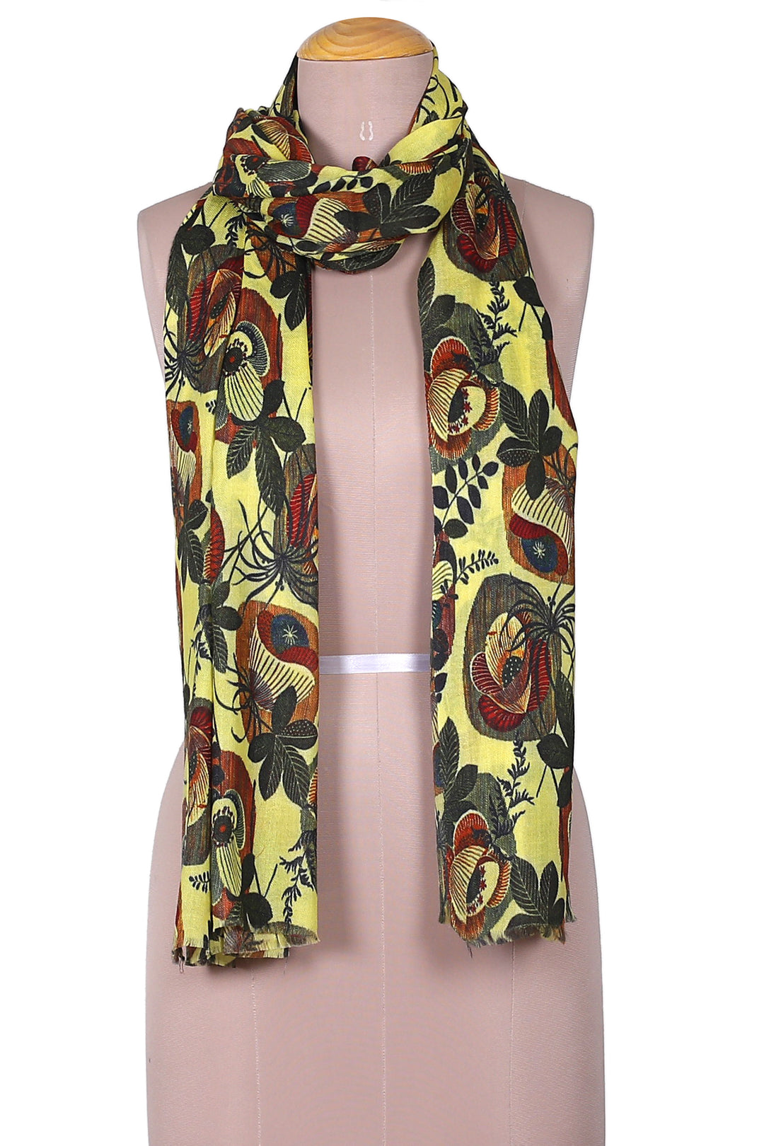 Leafy and Floral Printed Jonquil Wool and Silk Blend Shawl - Leafy Fantasy