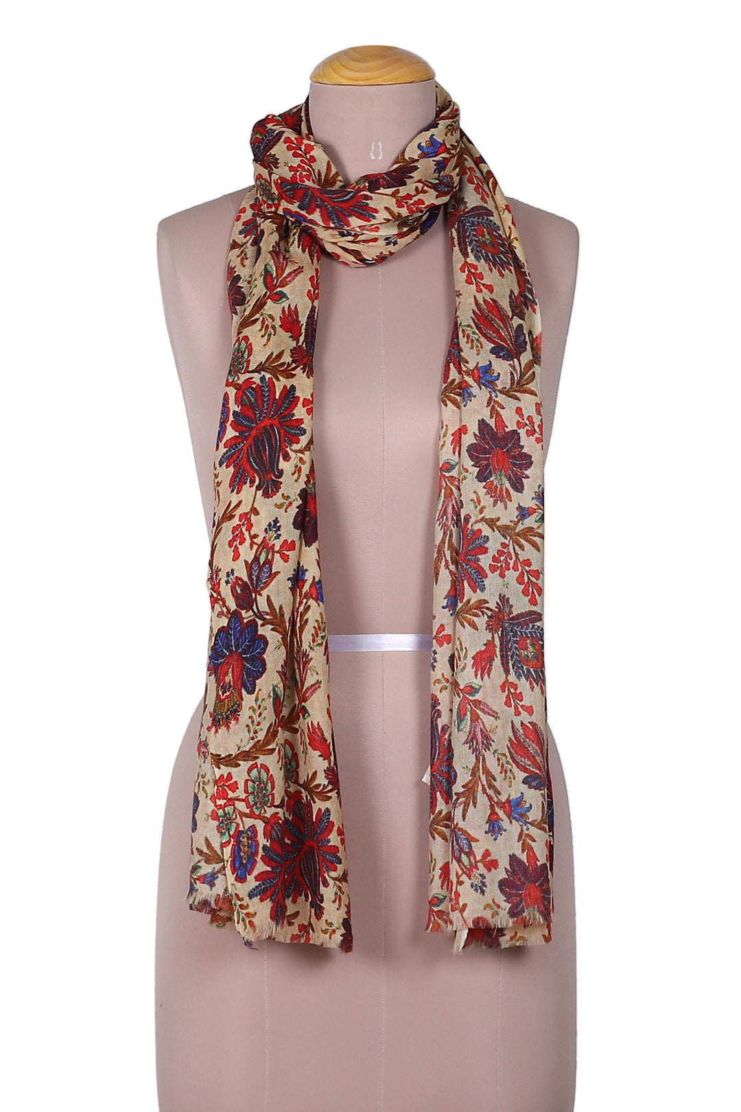 Spring-Inspired Beige and Red Wool and Silk Blend Shawl - Splendor in Spring