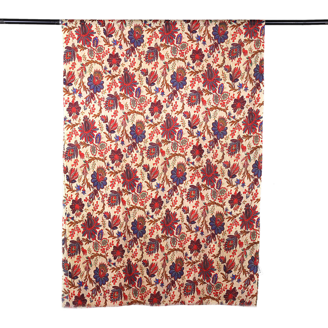 Spring-Inspired Beige and Red Wool and Silk Blend Shawl - Splendor in Spring