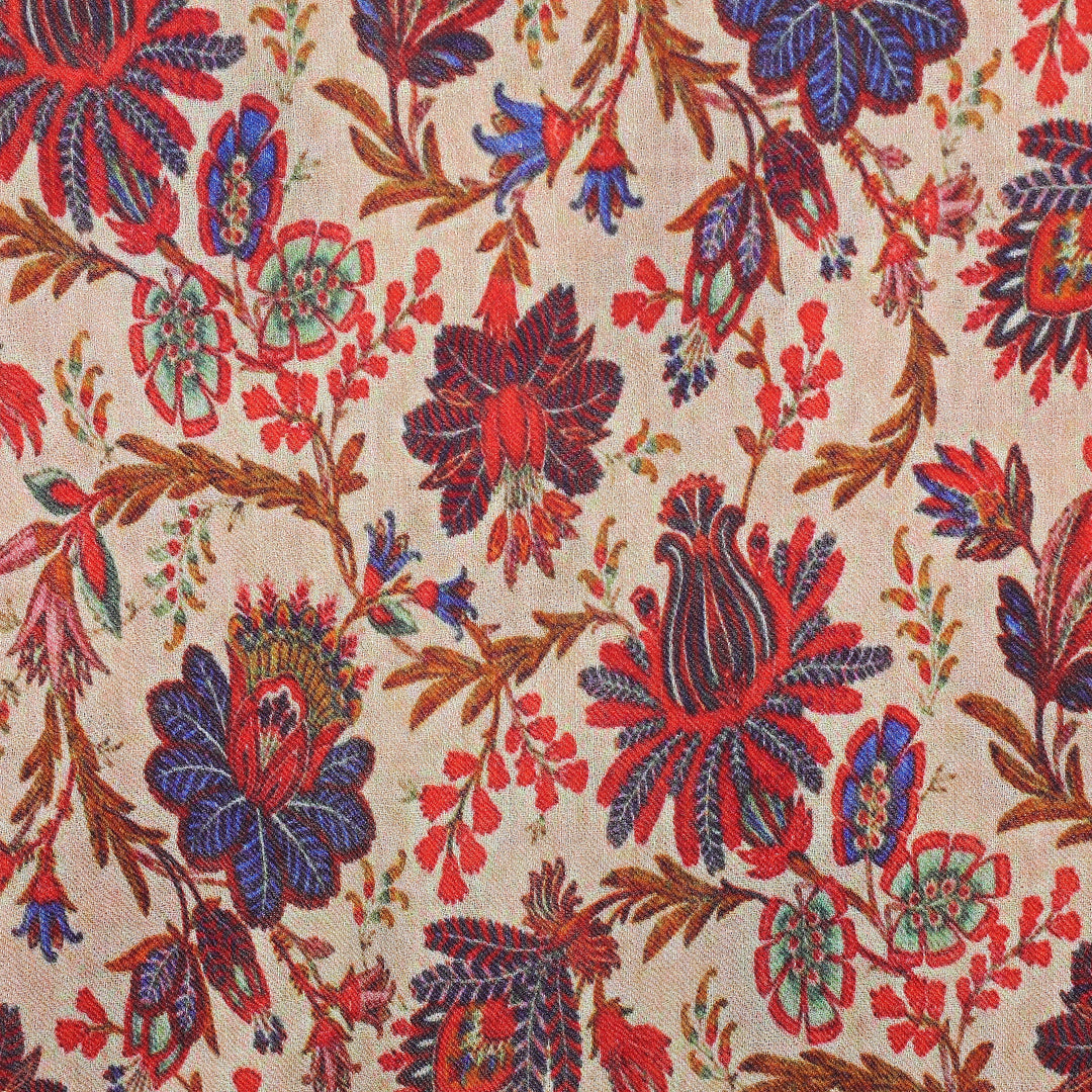 Spring-Inspired Beige and Red Wool and Silk Blend Shawl - Splendor in Spring