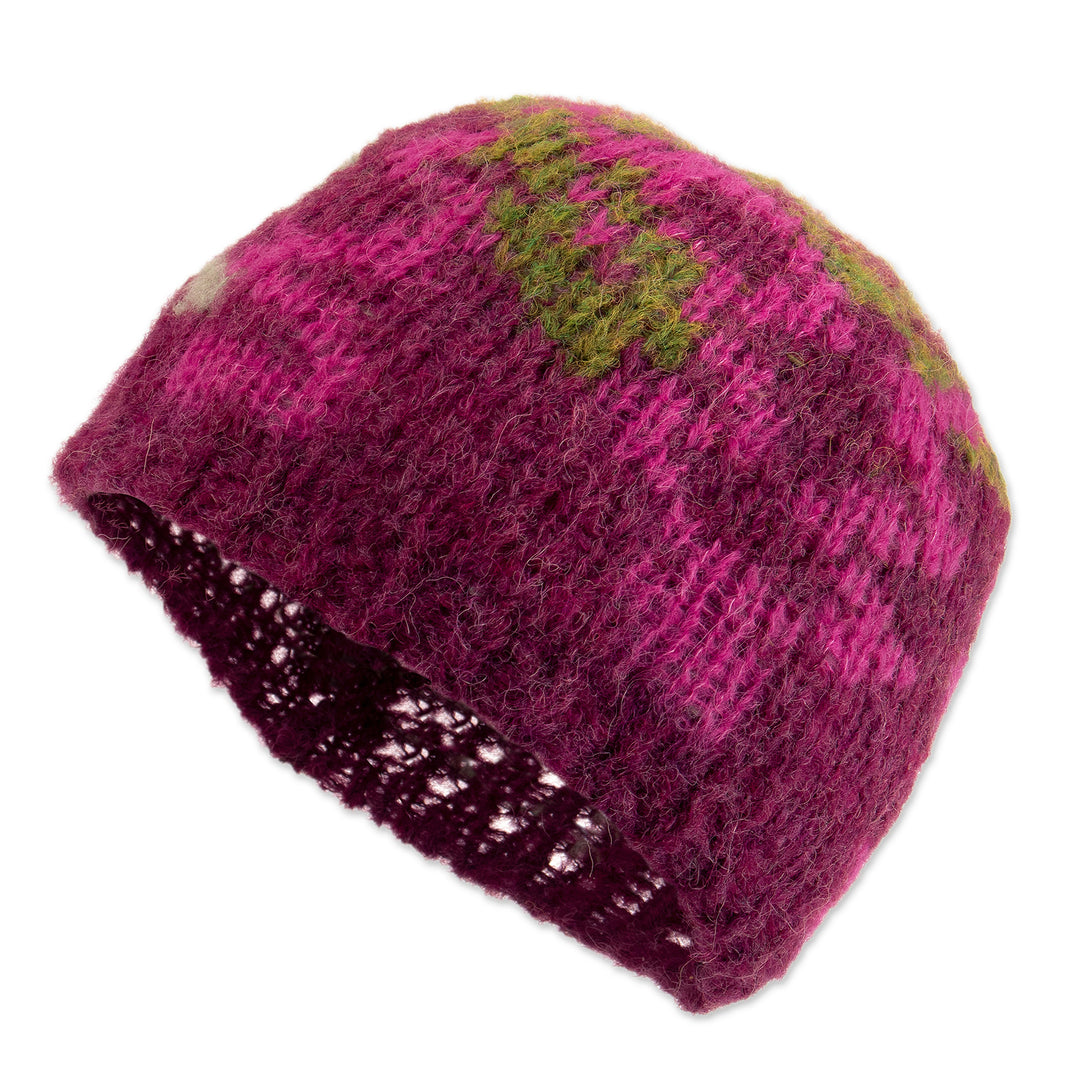 Knit Alpaca Blend Hat in Burgundy Pink Green and Yellow Hues - Burgundy Andean Mosaics