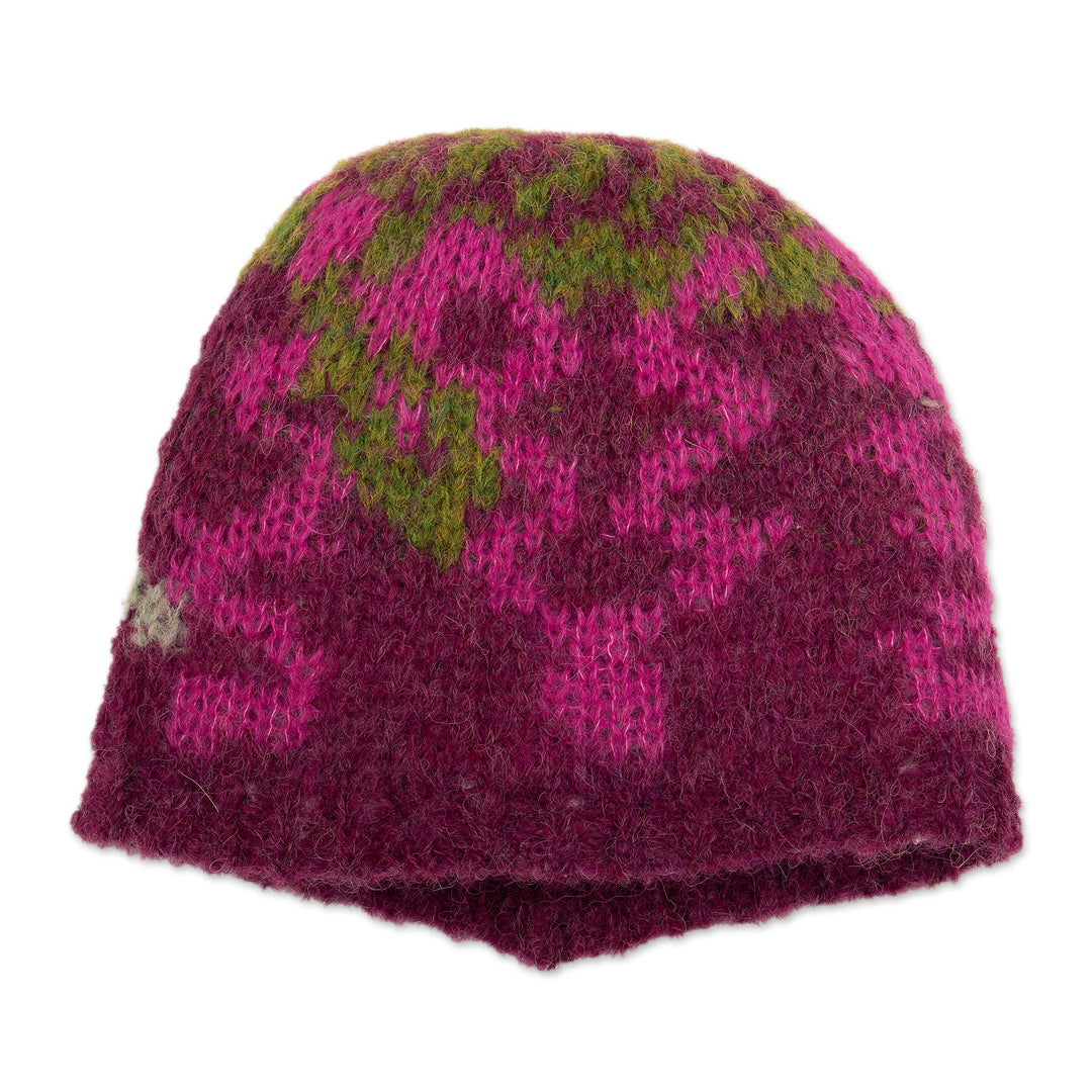 Knit Alpaca Blend Hat in Burgundy Pink Green and Yellow Hues - Burgundy Andean Mosaics