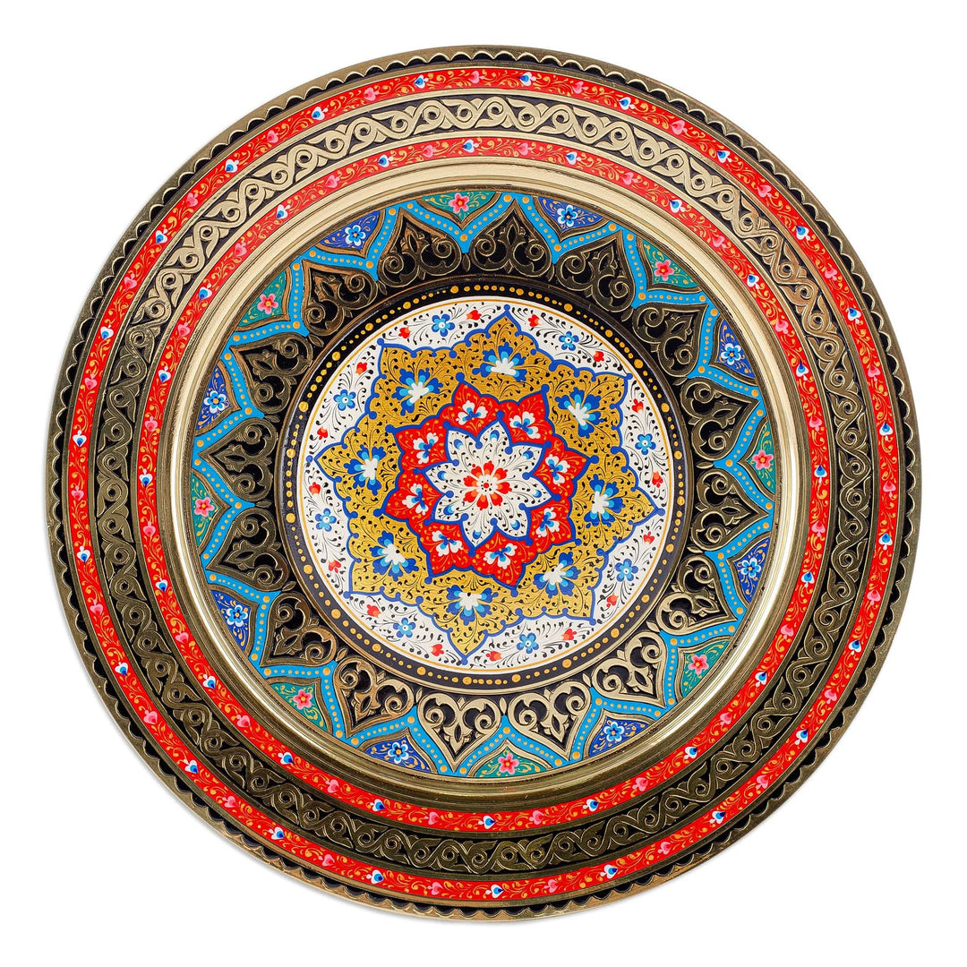 Handcrafted Classic Floral Red and Blue Brass Wall Art - Red Utopia