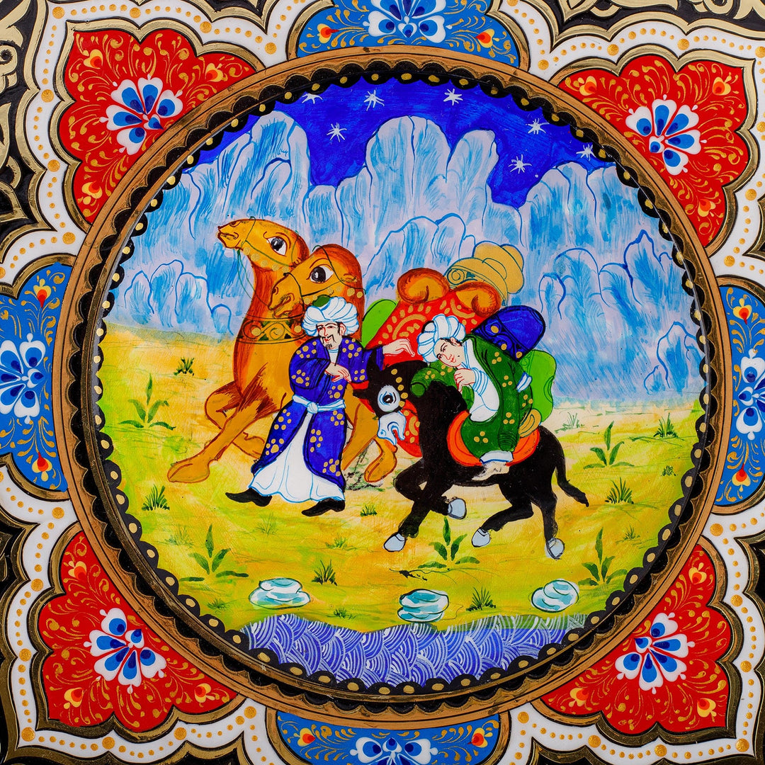 Hand-Painted Floral Brass Wall Art with Caravan Portrait - The Ancestral Caravan