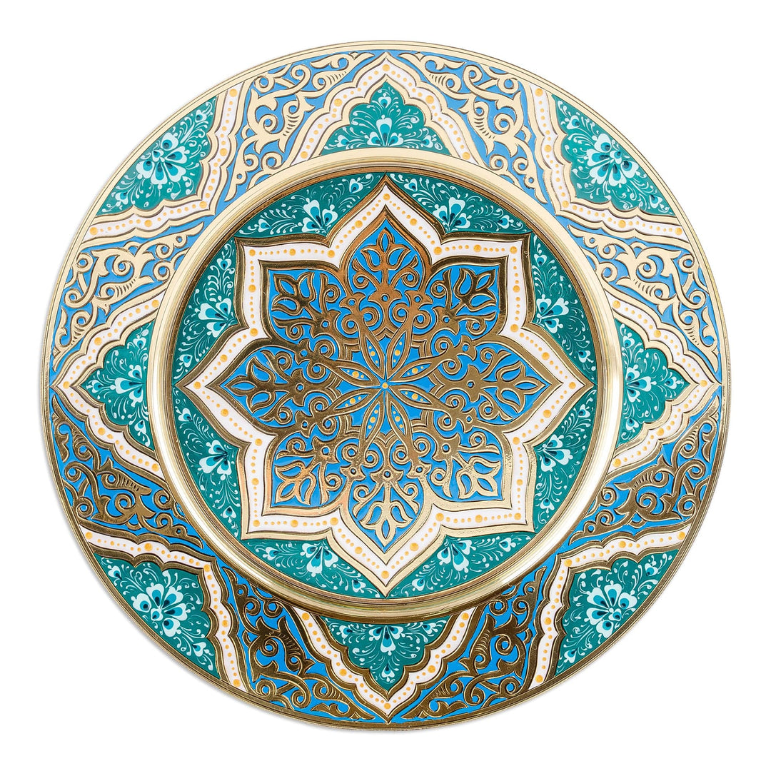 Handcrafted Polished Floral Teal and Golden Brass Wall Art - Teal Treasure