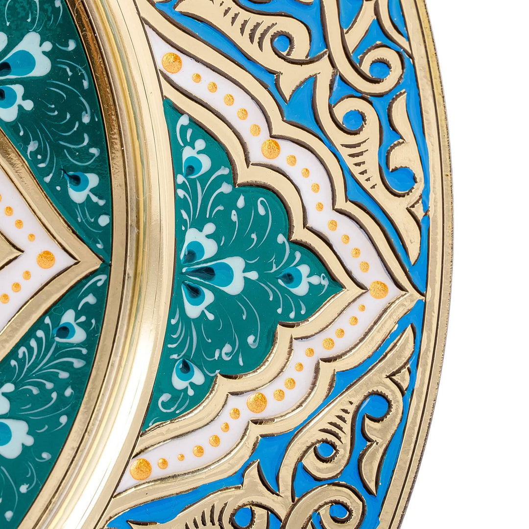 Handcrafted Polished Floral Teal and Golden Brass Wall Art - Teal Treasure