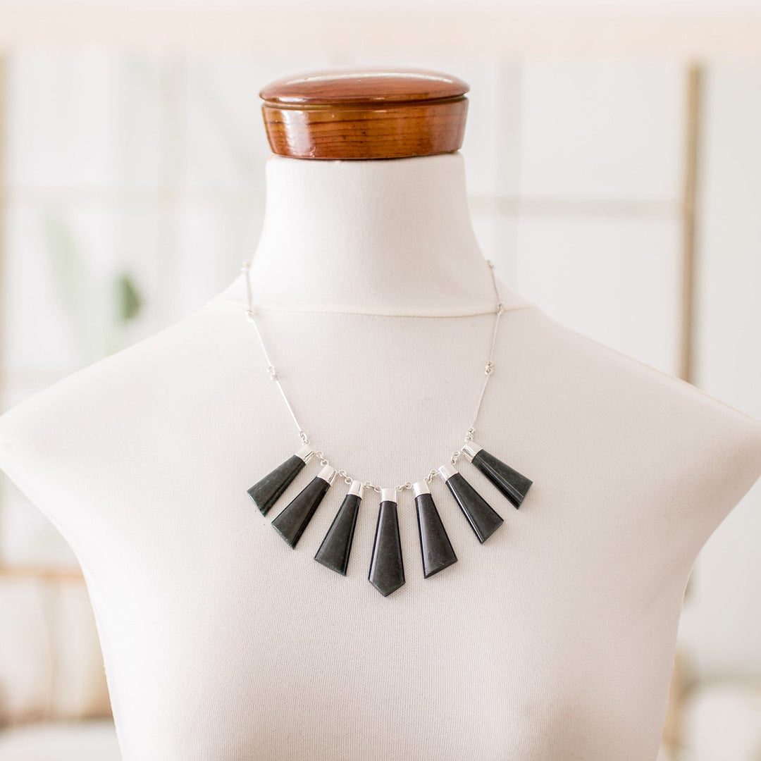 Sterling Silver Dark Green Jade Multi Bar Pendant Necklace - Faceted Droplets