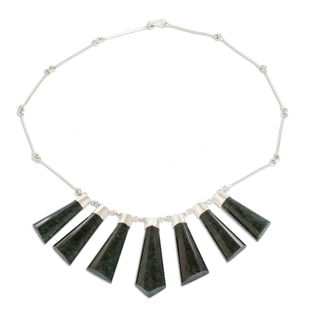 Sterling Silver Dark Green Jade Multi Bar Pendant Necklace - Faceted Droplets