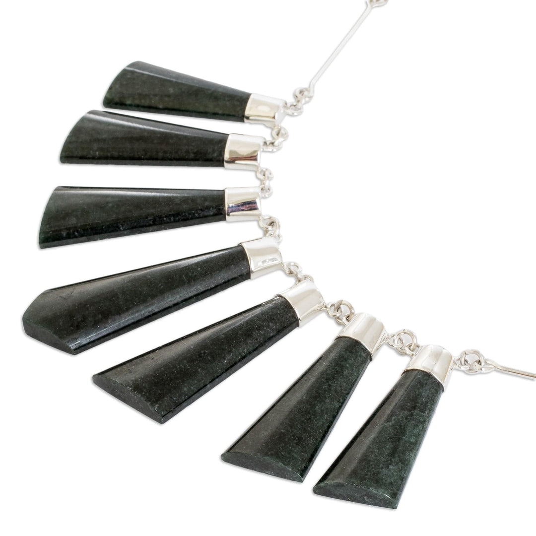 Sterling Silver Dark Green Jade Multi Bar Pendant Necklace - Faceted Droplets