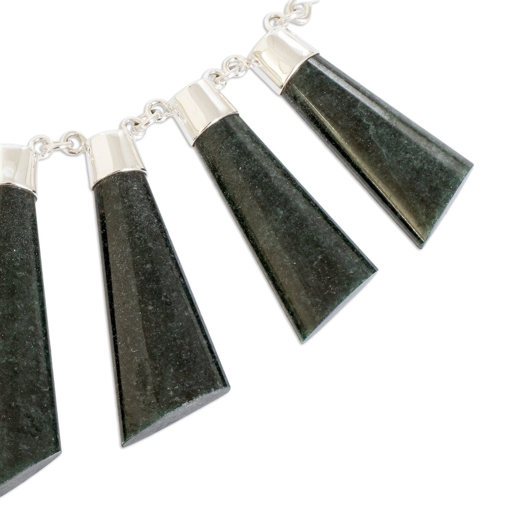 Sterling Silver Dark Green Jade Multi Bar Pendant Necklace - Faceted Droplets