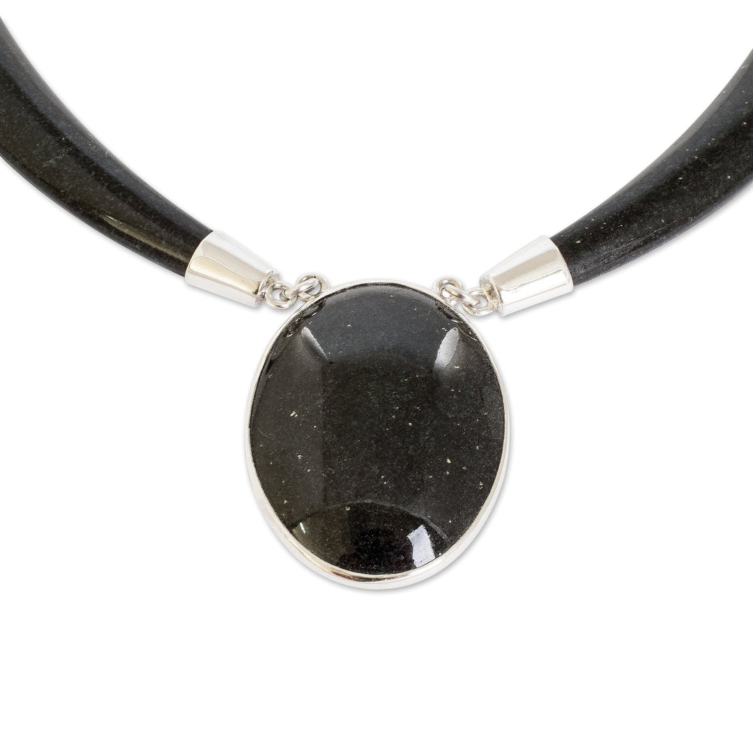 Sterling Silver and Black Jade Oval Pendant Necklace - Nocturnal Maya Elegance