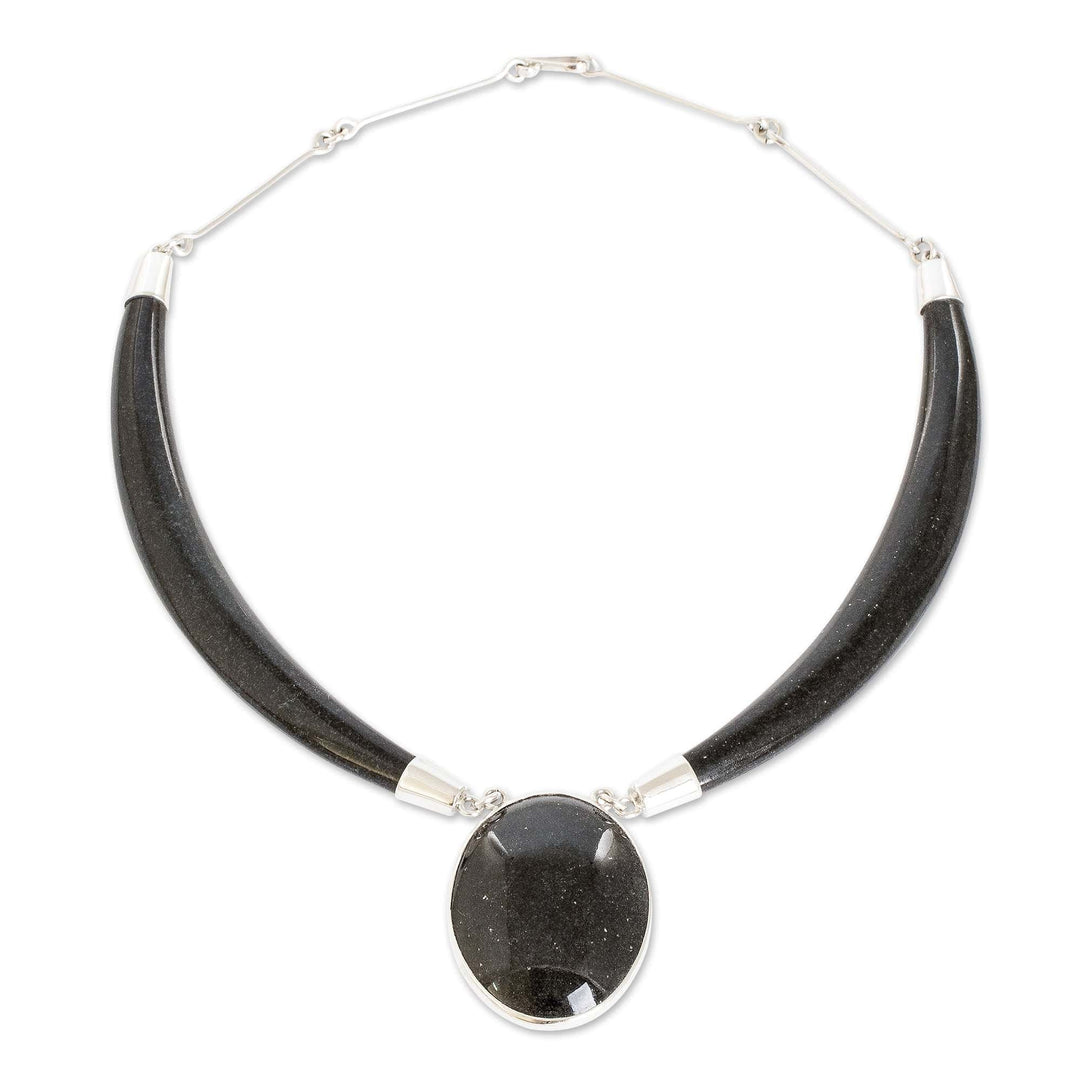 Sterling Silver and Black Jade Oval Pendant Necklace - Nocturnal Maya Elegance