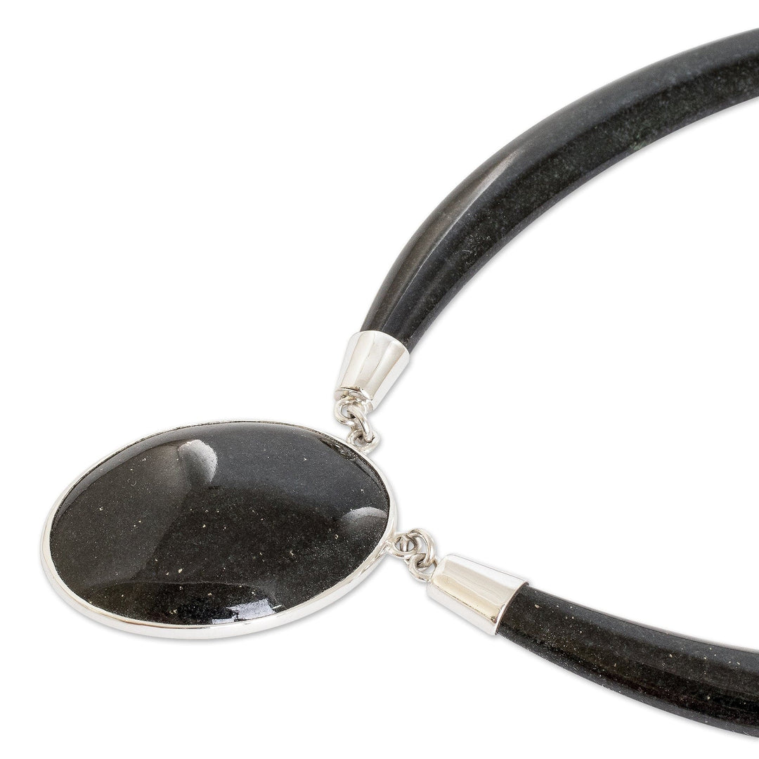 Sterling Silver and Black Jade Oval Pendant Necklace - Nocturnal Maya Elegance