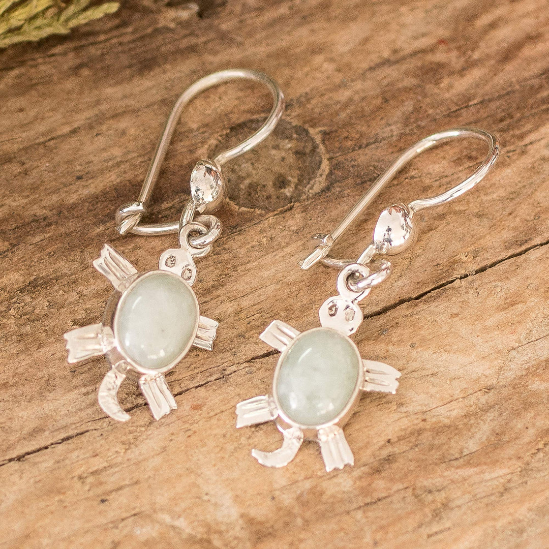 Sterling Silver Apple Green Jade Sea Turtle Dangle Earrings - Apple Green Sea Turtle