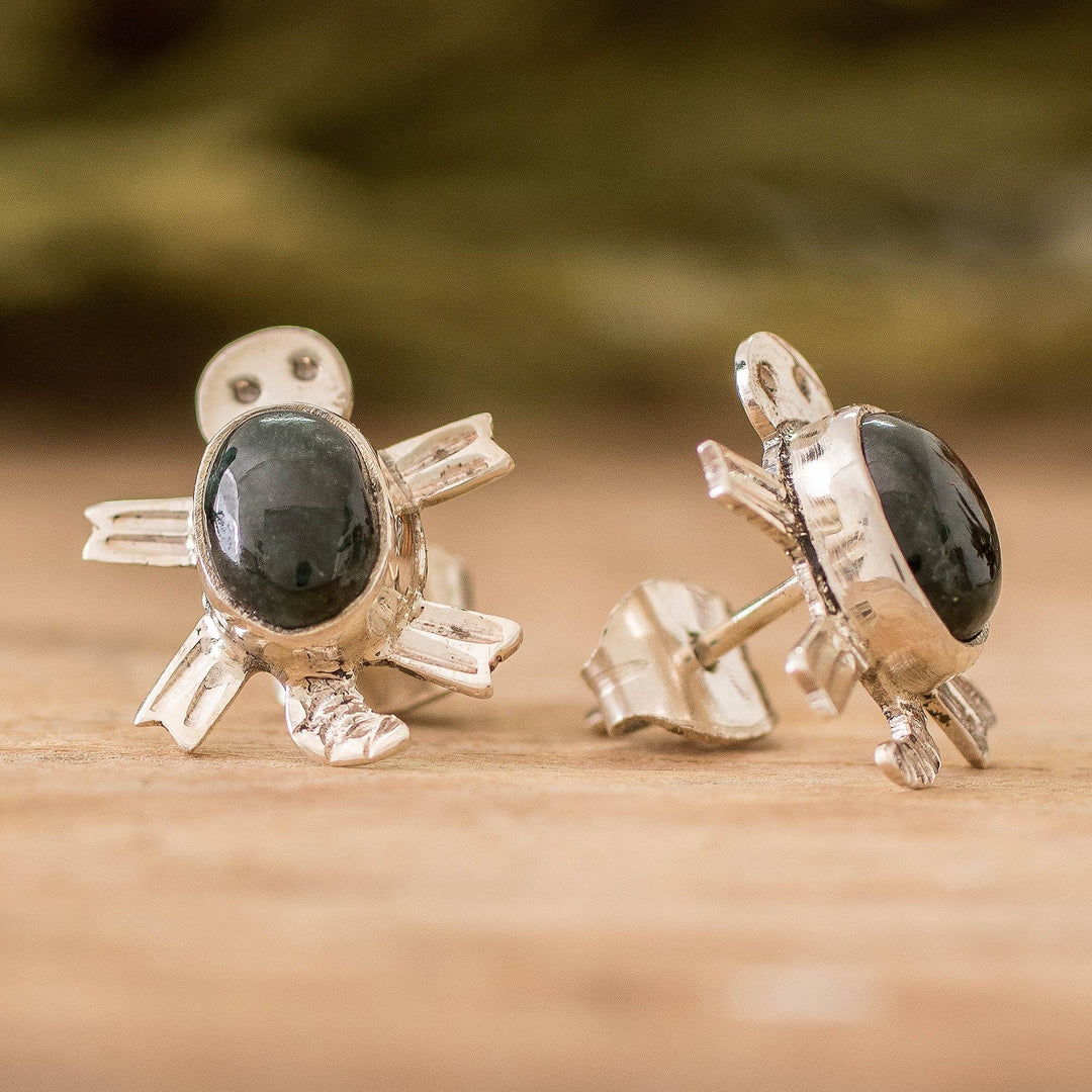 Sterling Silver Dark Green Jade Sea Turtle Button Earrings - Dark Green Marine Turtle