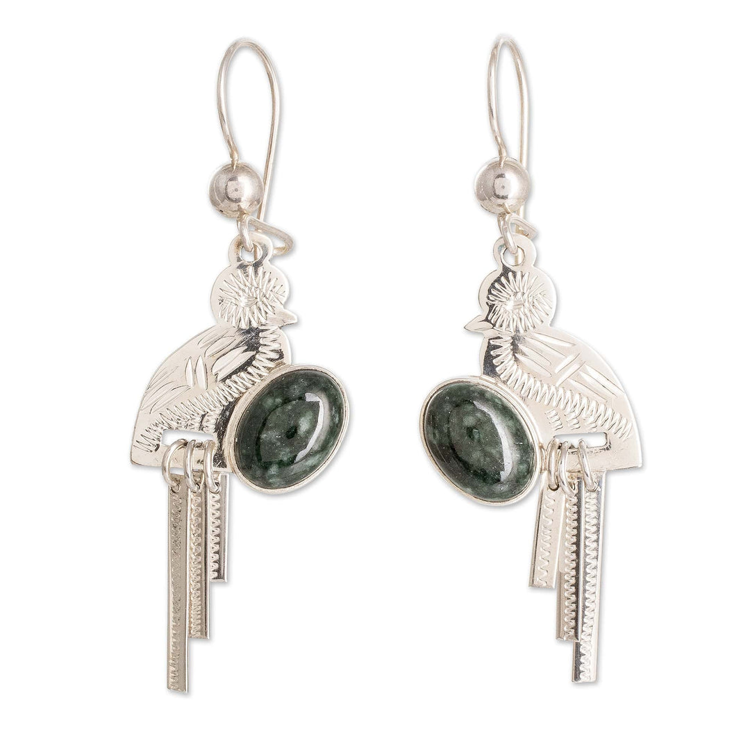 Sterling Silver Dark Green Jade Quetzal Bird Dangle Earrings - Green Quetzal Flight