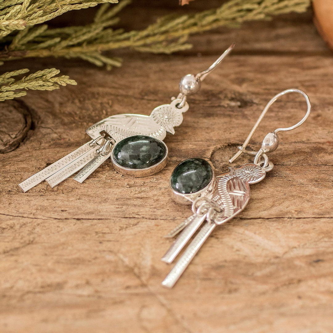Sterling Silver Dark Green Jade Quetzal Bird Dangle Earrings - Green Quetzal Flight