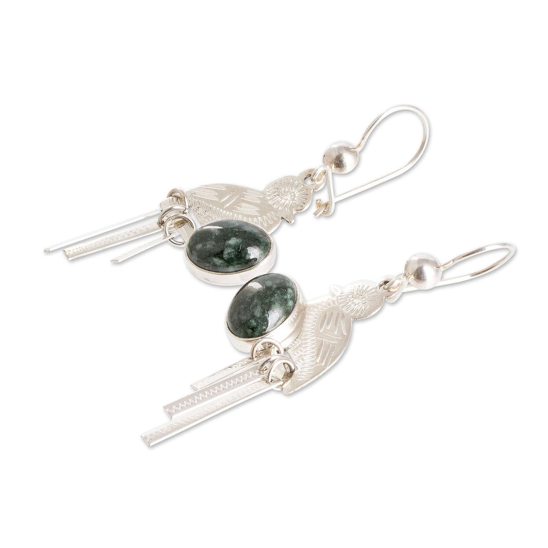 Sterling Silver Dark Green Jade Quetzal Bird Dangle Earrings - Green Quetzal Flight