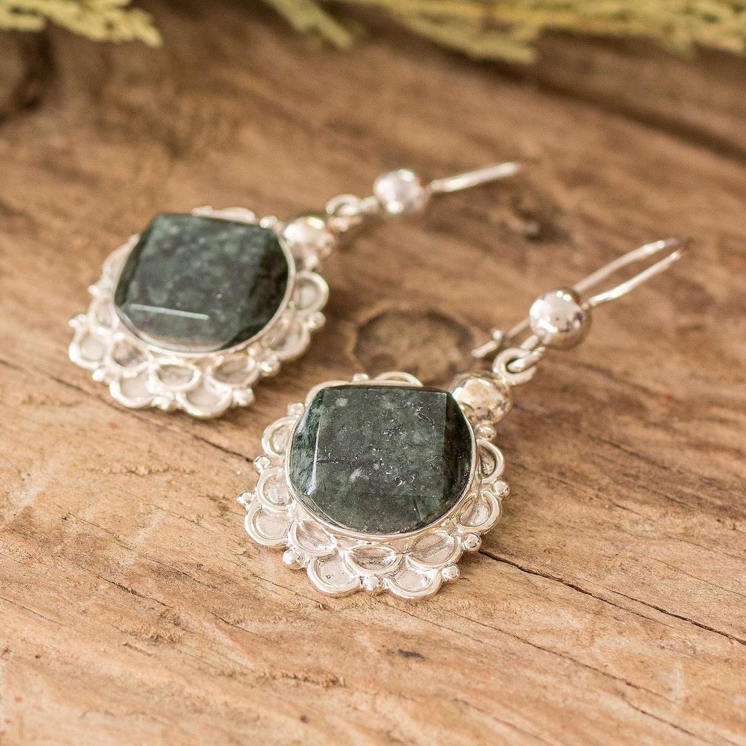 Sterling Silver and Faceted Dark Green Jade Dangle Earrings - Zinnia