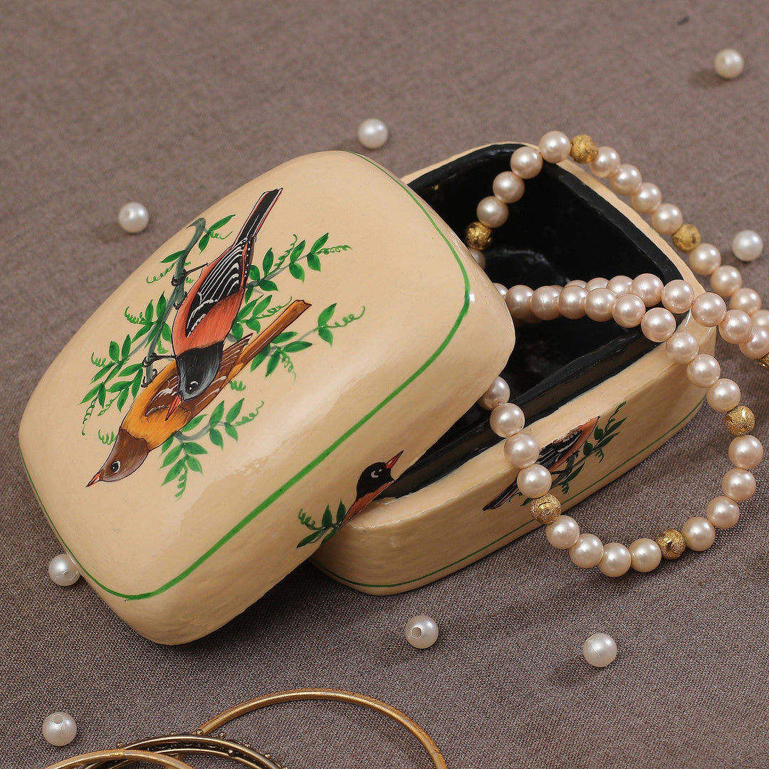 Bird-Themed Green and Ivory Papier Mache Decorative Box - Bird Saga