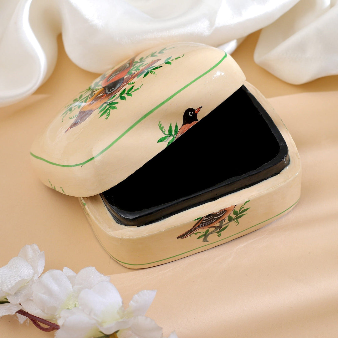 Bird-Themed Green and Ivory Papier Mache Decorative Box - Bird Saga