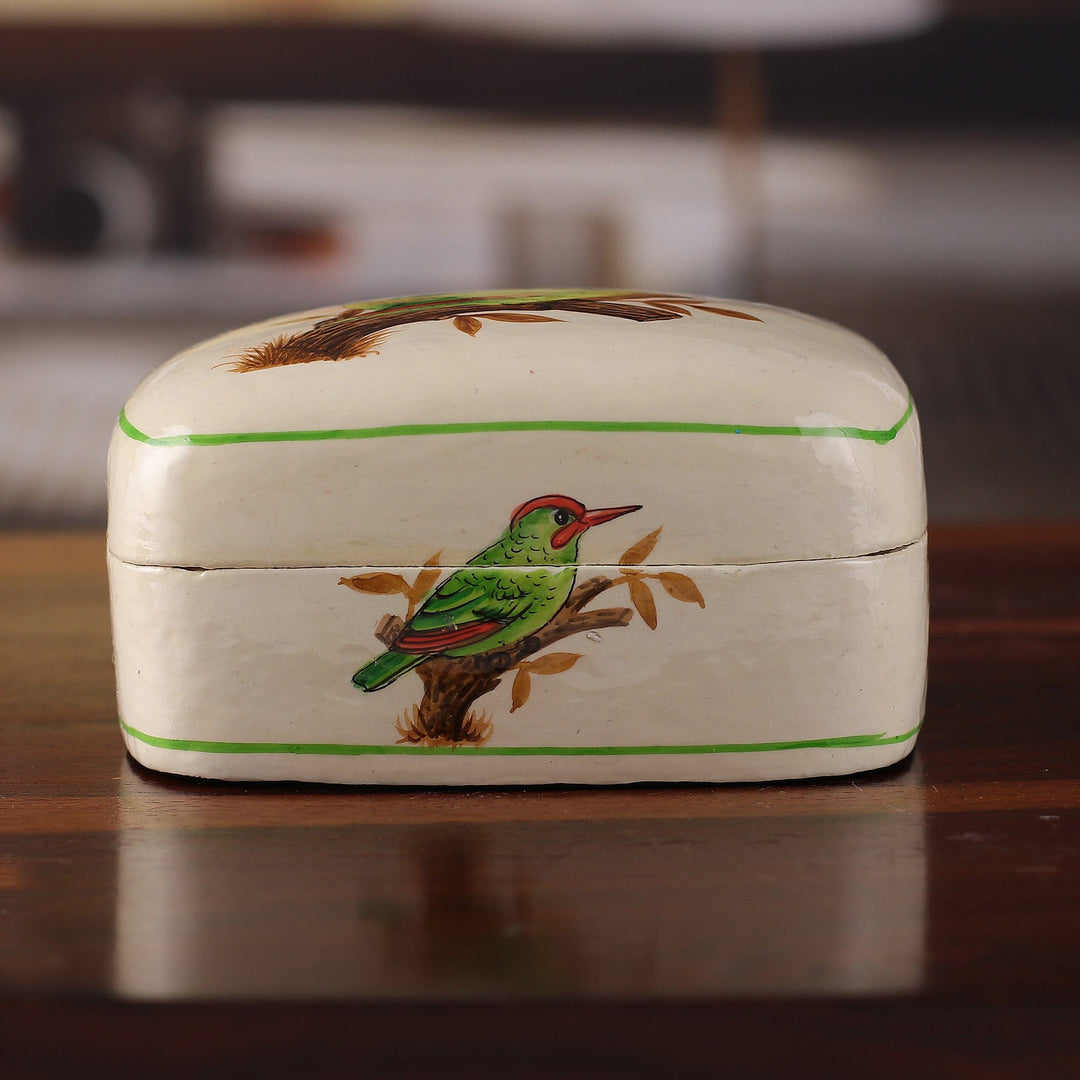 Bird-Themed Green and White Papier Mache Decorative Box - Valley Saga