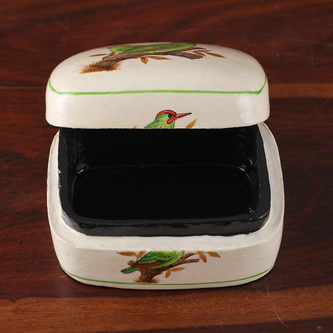 Bird-Themed Green and White Papier Mache Decorative Box - Valley Saga