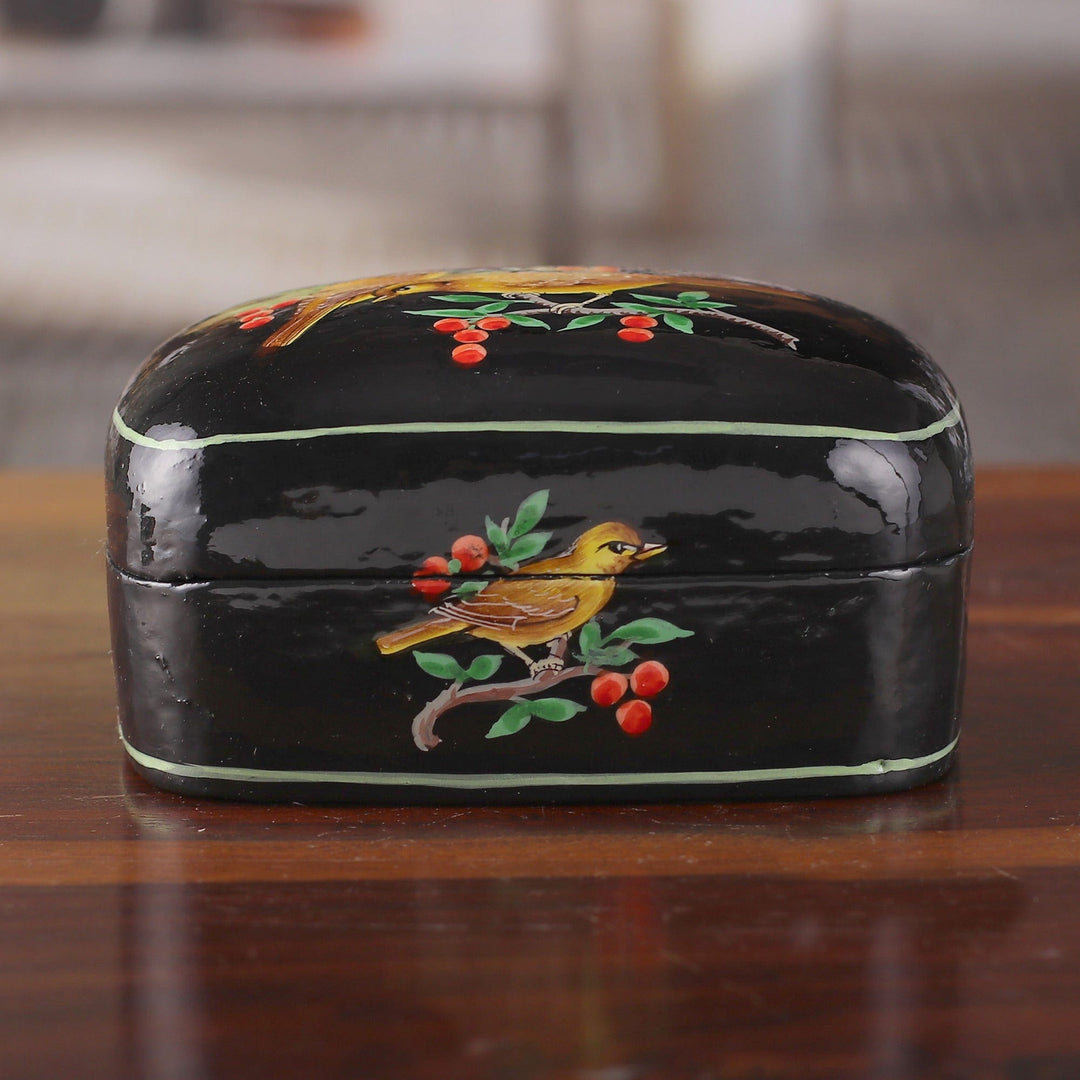 Bird-Themed Hand-Painted Black Papier Mache Decorative Box - Our Night