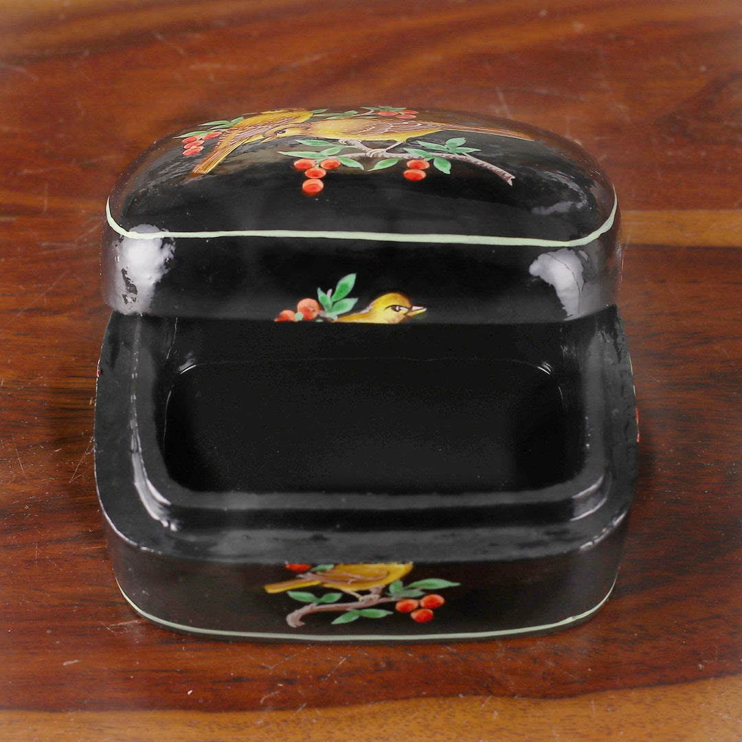 Bird-Themed Hand-Painted Black Papier Mache Decorative Box - Our Night